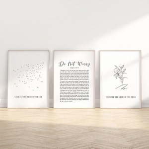 Conjunto de 3 Mateo 6:25-34 No te preocupes versículos bíblicos arte de pared imprimible, cita de las Escrituras cristianas minimalistas modernas mira los carteles de los pájaros