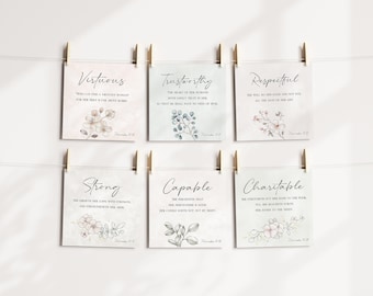 Spreuken 31 vrouw 12 deugden bijbelvers afdrukbare kaarten, moderne christelijke Moederdag schrift geheugenkaart set 12, cadeau voor christelijke moeder