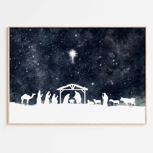Kerststal christelijke afdrukbare muurkunst, moderne religieuze kerst Home decor print, Indigo Blue aquarel minimalistische vakantieposter