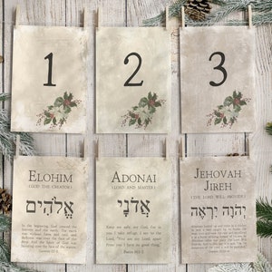 25 Nomes Hebraicos de Deus Calendário do Advento de Natal Cartão de Escritura para Impressão, Antigo Testamento Bíblia Versículo Citação Contagem Regressiva Cristã Impressão digital