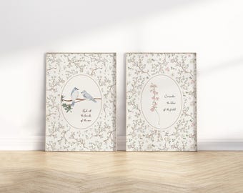 Birds of the air & Lilies of the field Bible verse printable wall art Set of 2, Christian Cottage core Matthew 6 Scripture Quote