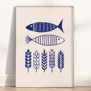 Jesus füttert 5000 minimalistische christliche druckbare Wandkunst, Matthäus 14 5 Brote und 2 Fische religiöses Vintage Bibelillustrationskunstwerkplakat