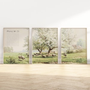 Salmo 23, versículo bíblico completo, arte de parede para impressão, conjunto de 3 pinturas a óleo vintage cristãs, citações de paisagens, pôster de arte, impressão