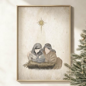 Christmas Nativity Scene Wall Art Printable, Rustic Christian Watercolor Poster Print, Manger Scene/Mary/Joseph/Baby Jesus/Star of Bethlehem