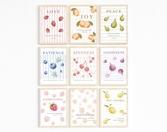 Fruits of the Spirit Wall Art Set of 9 Printable Bible Verse Wall Art, Christian Galatians 5:22-23 Scripture Quote Cottagecore Decor Print