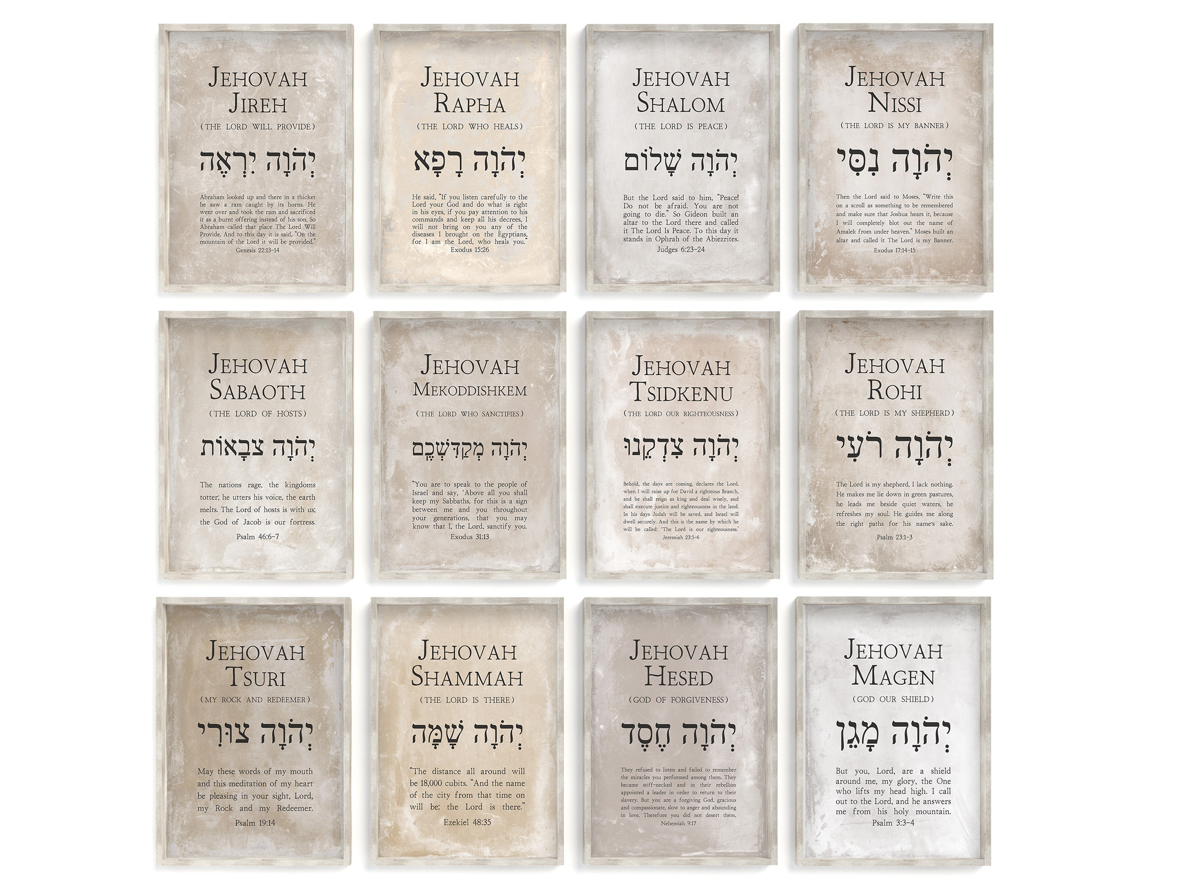 12 Hebreeuwse namen van God bijbelvers afdrukbare muur kunstgalerie bundel, christelijke vintage oude testament neutrale Jehovah schrift citaat afdrukken