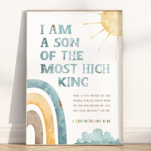 Arte de pared imprimible con versículo bíblico "Soy hijo del rey", 2 Corintios 6:18, arcoíris, sol, nube, póster de las Escrituras cristianas, decoración de guardería para niños.