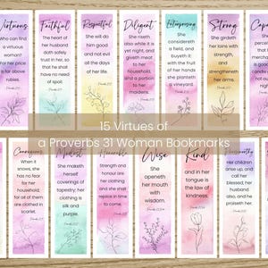 Proverbs 31 Woman Virtues Bookmarks printable, Set of 15 Virtuous woman Christian Bible Verse scripture cards