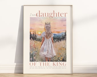 I am a daughter of the king Bible Verse printable wall art, Christian 2 Corinthians 6:18 Watercolor Scripture Quote baby girl nursery poster
