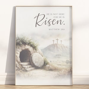 Jesus Empty Tomb Bible Verse Wall Art Printable, Christian Religious He is Risen Sign Easter Decoration Scripture quote artwork poster print