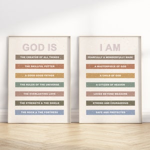 Identität in Christus Kinder Affirmation Bibel Vers druckbare Wandkunst, 2er-Set moderne Boho christliche Schrift Zitat Baby Kinderzimmer Poster Druck