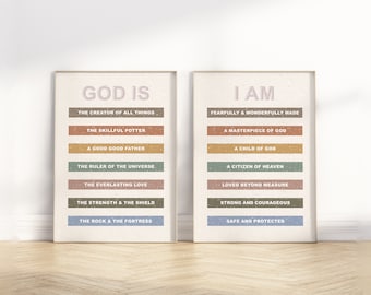 Identity in Christ Kids Affirmation Bible Verse Printable Wall Art, Set of 2 Modern Boho Christian Scripture Quote Baby Nursery Poster Print
