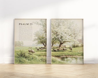 Psalm 23 Full Chapter Bible Verse wall art printable, Set of 2 Christian Vintage oil painting landscape scripture quote Artwork poster print