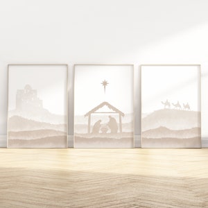 Krippe abstrakte Boho Weihnachten Wand Kunst Printable 3er Set, moderne neutrale Krippe/Maria/Joseph/Jesus/Stern von Bethlehem/Wise men print
