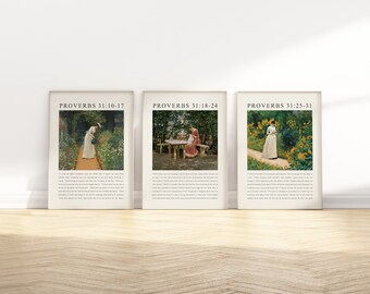 Sprüche 31: 10-31 Tugendhafte Frau Bibel Vers Wand Kunst druckbares Set von 3, Vintage Christian Scripture Zitat Ölgemälde religiöses Kunstwerk