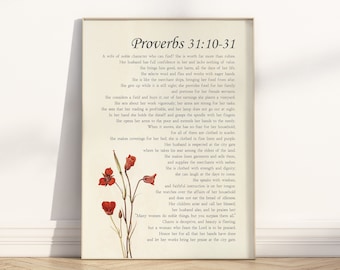 Spreuken 31 deugdzame vrouw Chrisitan bijbelvers kunst aan de muur afdrukbare, Spreuken 31:10-31 religieuze schrift citaat vintage bloemen poster print