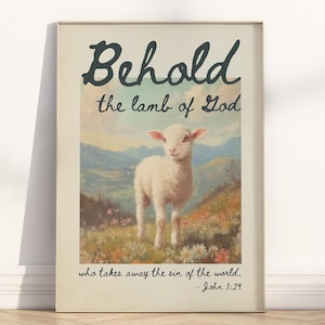 Juan 1:29 He aquí el Cordero de Dios, versículo bíblico, arte de pared imprimible, decoración religiosa cristiana vintage de Pascua, cita de las Escrituras, obra de arte impresa