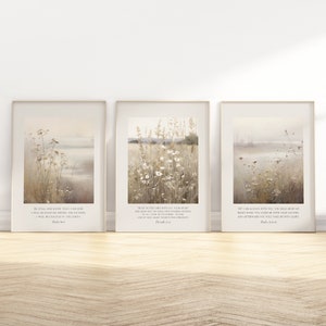 May include: Three framed prints featuring watercolour paintings of a field of wildflowers and inspirational bible verses. The verses are "Be still, and know that I am God...", "Trust in the Lord with all your heart...", and "He will never leave you nor forsake you..."
