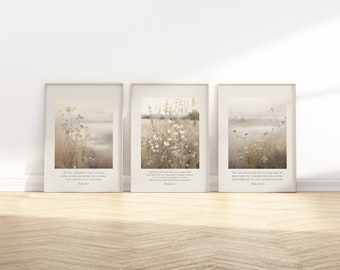 Neutral Wildflower Field Bible Verse Wall Art Printable Gallery set of 3, Christian Proverb 3:5-6 Scripture Quote vintage botanical artwork