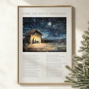 Hark the Herald Angels Sing kersthymne afdrukbare muurkunst, Christian Church Carol lied lyrische kerststal vakantie artwork poster print