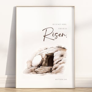 Jésus tombe vide verset de la Bible Art mural imprimable, religieux chrétien il est ressuscité signe Pâques décoration écriture citation oeuvre affiche impression