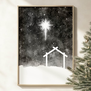 Star of Bethlehem Jesus Stable Christian printable wall art, modern minimalist watercolor Christmas nativity scene decor, holy night artwork