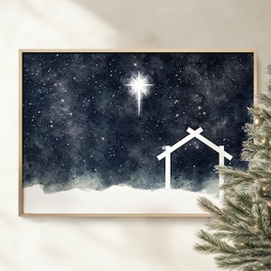 Star of Bethlehem Jesus Stable Christian printable wall art, modern minimalist watercolor Christmas nativity scene decor, holy night artwork