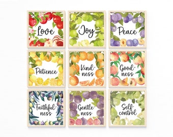 Fruit of the Spirit Kids Boho Bible verse wall art printable Set of 9, Galatians 5:22-23 nursery Church Sunday School homeschool room poster