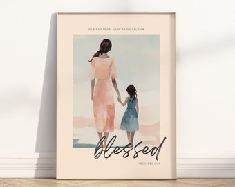 Proverbs 31:28 Bible Verse Printable Wall Art, Christian Mother's Day Virtuous Woman Scripture Quote Religious Watercolor Poster Card Print