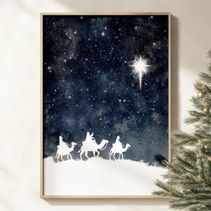 Étoile de Bethléem 3 sages art mural imprimable chrétien, carte de voeux de vacances décoration crèche de Noël aquarelle minimaliste moderne