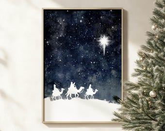 Star of Bethlehem 3 wise men Christian printable wall art, modern minimalist watercolor Christmas nativity scene decor holiday greeting card