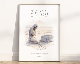 El Roi Hargar in de woestijn Bijbel illustratie kunst aan de muur afdrukbare, Hebreeuwse naam van God-de God die mij ziet Schrift citeer aquarel artwork