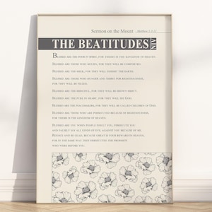 The Beatitudes Bible Verse Wall Art Printable, Matthew 5:3-12 Sermon on the Mount Modern Christian Minimalist Vintage Scripture Quote poster