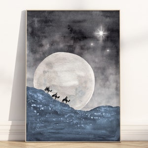 Die drei Weisen Krippe Abstrakt Boho Wall Art Druckbare, Moderne Weihnachten Stern von Bethlehem Stille Nacht Aquarell Poster/Druck/Karte