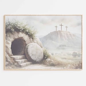 Arte de pared imprimible con versículo bíblico de la tumba vacía de Jesús, decoración religiosa cristiana de Pascua con cita de las Escrituras y paisaje