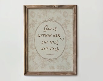 God Is Within Her She Will Not Fall Bible Verse Wall Art Printable, Psalm 46:5 Neutral Cottagecore Scripture Quote Decor