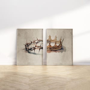 Arte de pared imprimible de Pascua con corona de espinas/gloria, juego de 2, ilustración de acuarela vintage cristiana de la crucifixión de Jesús, obra de arte impresa