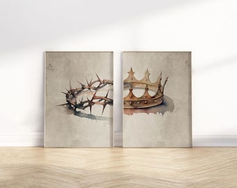 Doornenkroon/glorie Pasen muur kunst afdrukbare, set van 2 Jezus kruisiging christelijke vintage aquarel schilderij illustratie artwork print