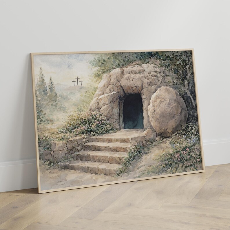 Jesus Empty Tomb Easter Wall Art Printable, Christian He is Risen ...