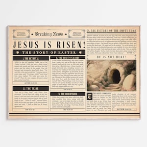 Easter Story Jesus Empty Tomb Bible Verse Wall Art Printable, Christian Retro Vintage Christ Crucifixion He is risen Scripture quote artwork