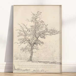 Psalm 1: 3 Er soll wie ein Baum sein Bibel Vers Wandkunst druckbare, christliche Vintage Landschaftszeichnung religiöses Schriftzitatplakatdruck