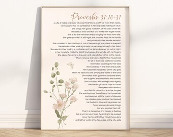 Proverbs 31:10-31 Christian Bible Verse Printable Wall Art, Virtuous Woman Neutral Floral Scripture Quote Print