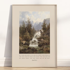 Esaïe 40:31, espoir dans le Seigneur, verset de la Bible, art mural imprimable, paysage vintage chrétien, montagne, écriture sainte citation, oeuvre d'art, affiche