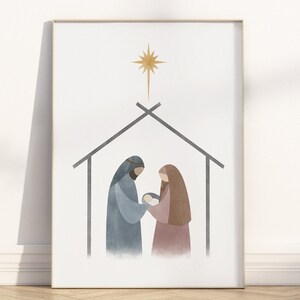 Minimalistische Weihnachtskrippe druckbare Wandkunst, moderne Aquarellmalerei christlicher Druck, Maria / Joseph / Jesuskind / Stern von Bethlehem