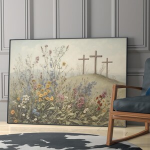 Jezus kruisiging/het is voltooid religieuze Pasen muur kunst afdrukbare, christelijke 3 kruisen op de heuvel van Golgotha vintage olieverfschilderij poster afdrukken afbeelding 3