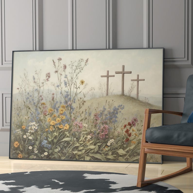 Jezus kruisiging/het is voltooid religieuze Pasen muur kunst afdrukbare, christelijke 3 kruisen op de heuvel van Golgotha vintage olieverfschilderij poster afdrukken afbeelding 3