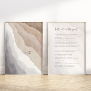 Poema de huellas en la arena, arte de pared imprimible, ilustración cristiana moderna, arte paisajístico minimalista abstracto de acuarela de mediados de siglo.