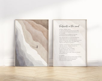 May include: Two framed prints, one with a watercolor painting of a beach with a single figure standing on the sand, and the other with a poem titled "Footprints in the Sand" about a dream of walking on a beach with God.