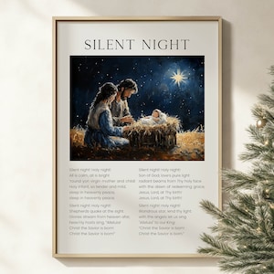 Stille nacht kersthymne afdrukbare muurkunst, Christian Church Carol songteksten kerststal olieverfschilderij vakantie kunstwerk poster afdrukken