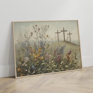 Jezus kruisiging/het is voltooid religieuze Pasen muur kunst afdrukbare, christelijke 3 kruisen op de heuvel van Golgotha vintage olieverfschilderij poster afdrukken afbeelding 4